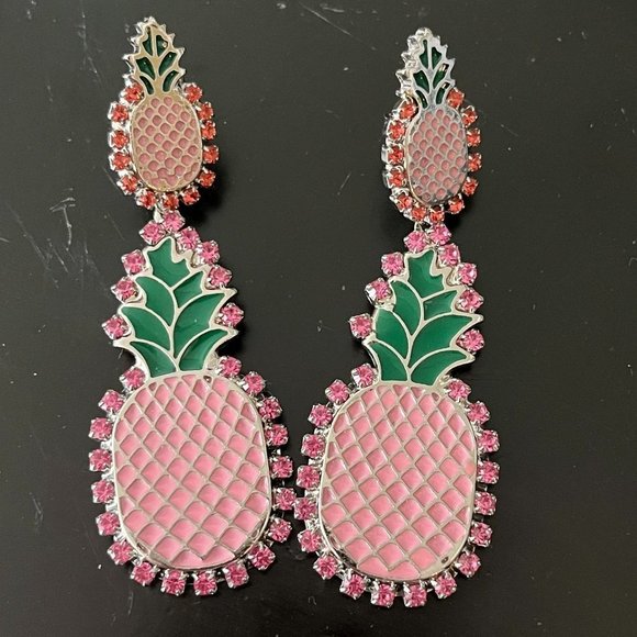 Pineapple Enamel Earrings with Pink and Coral Stones - Picture 1 of 2